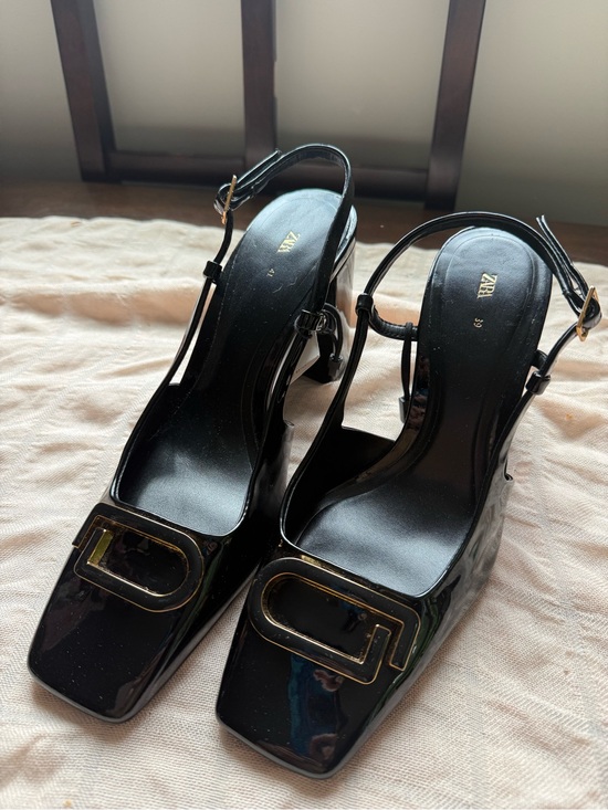 Zara Shoes - Zara Black Patent Slingback Heels with Gold Buckle Accent